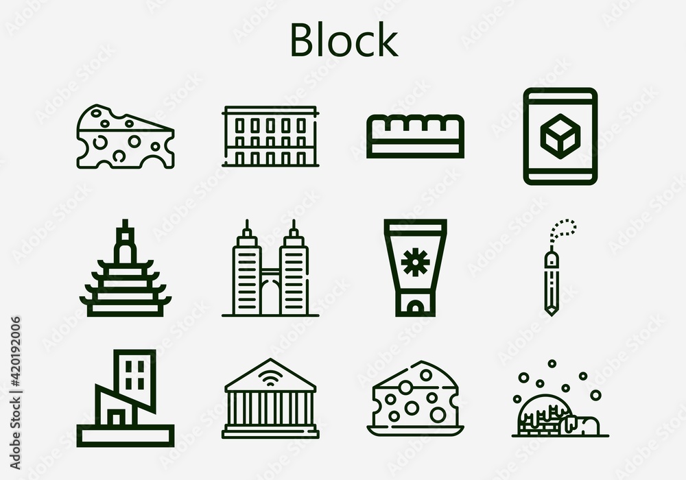 Premium set of block [S] icons. Simple block icon pack. Stroke vector illustration on a white background. Modern outline style icons collection of Building, Chocolate bar, Sun cream, Cube