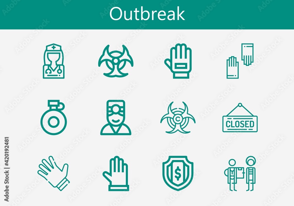 Premium set of outbreak line icons. Simple outbreak icon pack. Stroke vector illustration on a white background. Modern outline style icons collection of Biohazard, Canteen, Glove, Shield Premium set of outbreak line icons. Simple outbreak icon pack. Stroke vector illustration on a white background. Modern outline style icons collection of Biohazard, Canteen, Glove, Shield