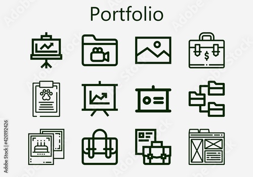 Premium set of portfolio [S] icons. Simple portfolio icon pack. Stroke vector illustration on a white background. Modern outline style icons collection of Pictures, Briefcase, Layout, Report