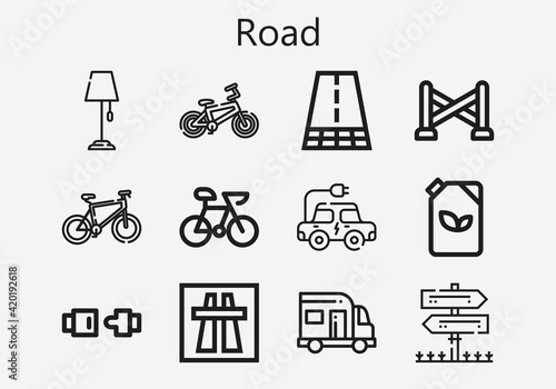Premium set of road [S] icons. Simple road icon pack. Stroke vector illustration on a white background. Modern outline style icons collection of Seat belt, Police line, Road, Fuel, Lamp post