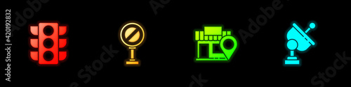 Set Traffic light, Stop sign, Location with store and Radar icon. Vector