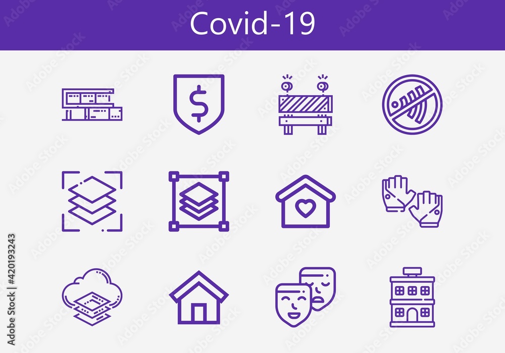 Premium set of covid-19 line icons. Simple covid-19 icon pack. Stroke vector illustration on a white background. Modern outline style icons collection of Gloves, Barrier