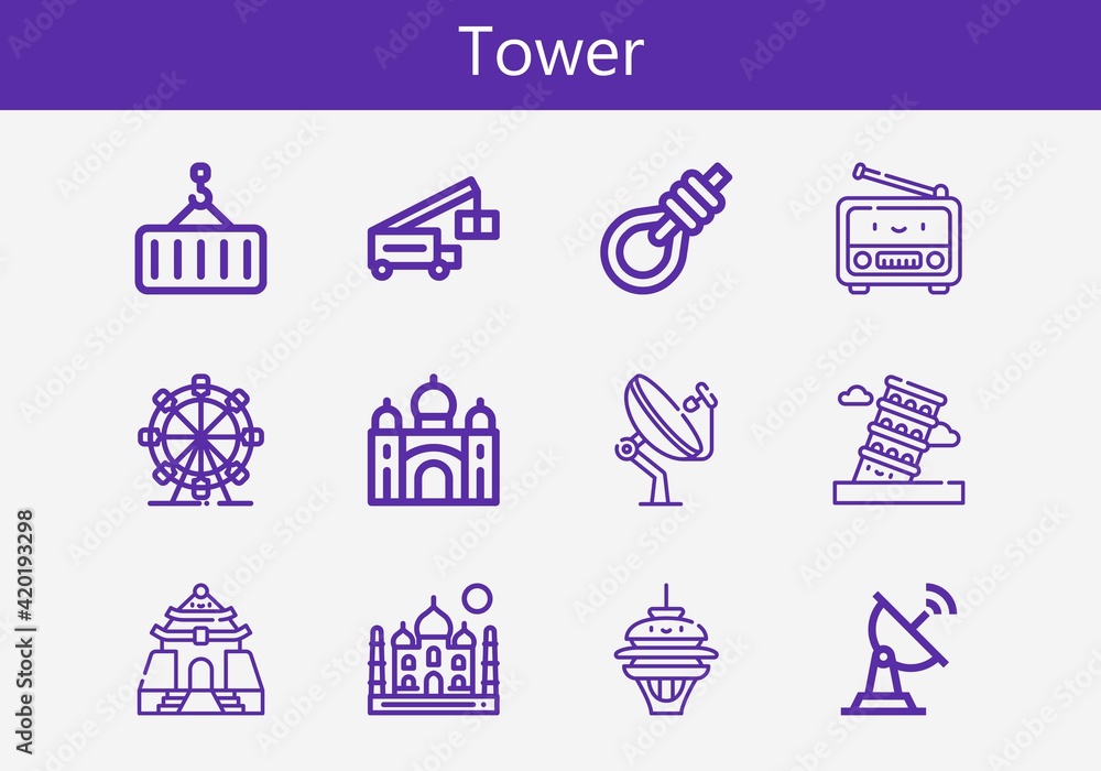 Premium set of tower line icons. Simple tower icon pack. Stroke vector illustration on a white background. Modern outline style icons collection of Pisa, Satellite dish, Gallows