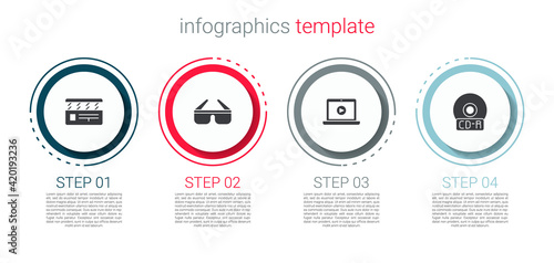Set Movie clapper, 3D cinema glasses, Online play video and CD or DVD disk. Business infographic template. Vector