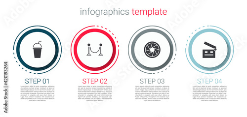 Set Paper glass with straw, Rope barrier, Camera shutter and Movie clapper. Business infographic template. Vector