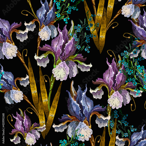 Irises spring flowers, seamless pattern. Embroidery. Floral garden concept. Fashion template for clothes, t-shirt design