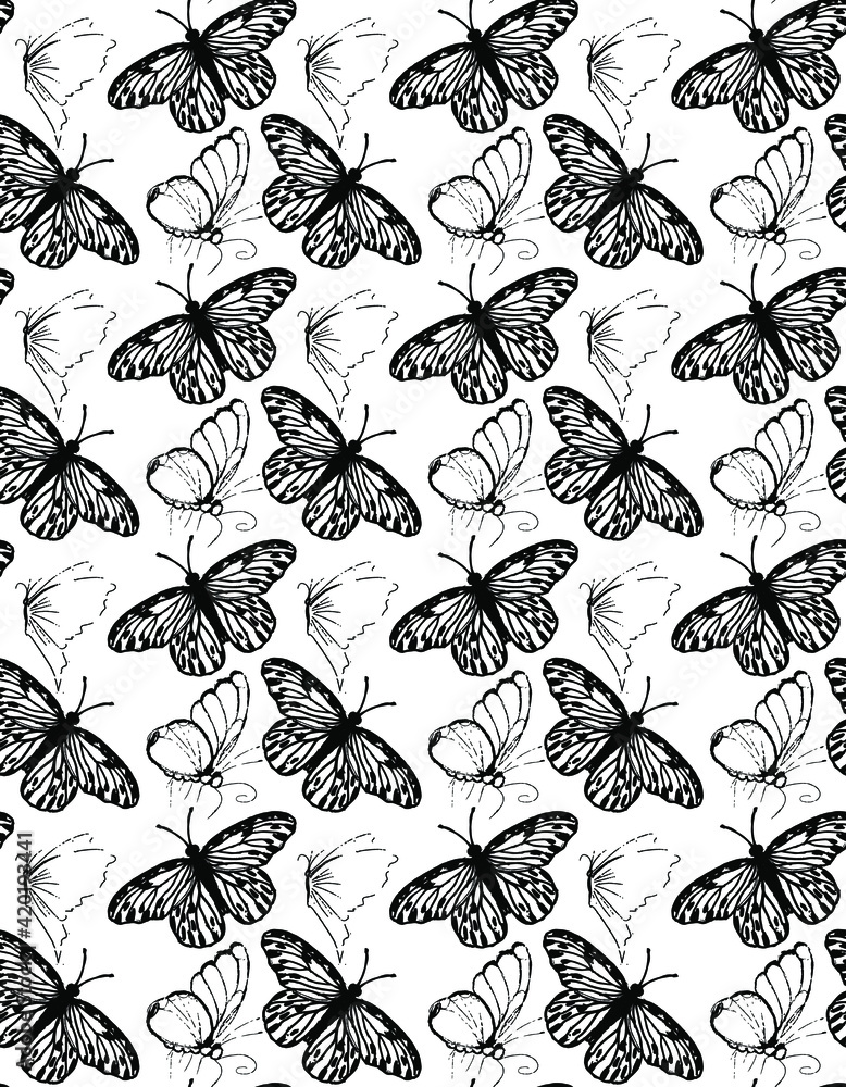 Seamless background, butterflies black silhouettes on white background. Vector Seamless background, butterflies black silhouettes on white background. Vector