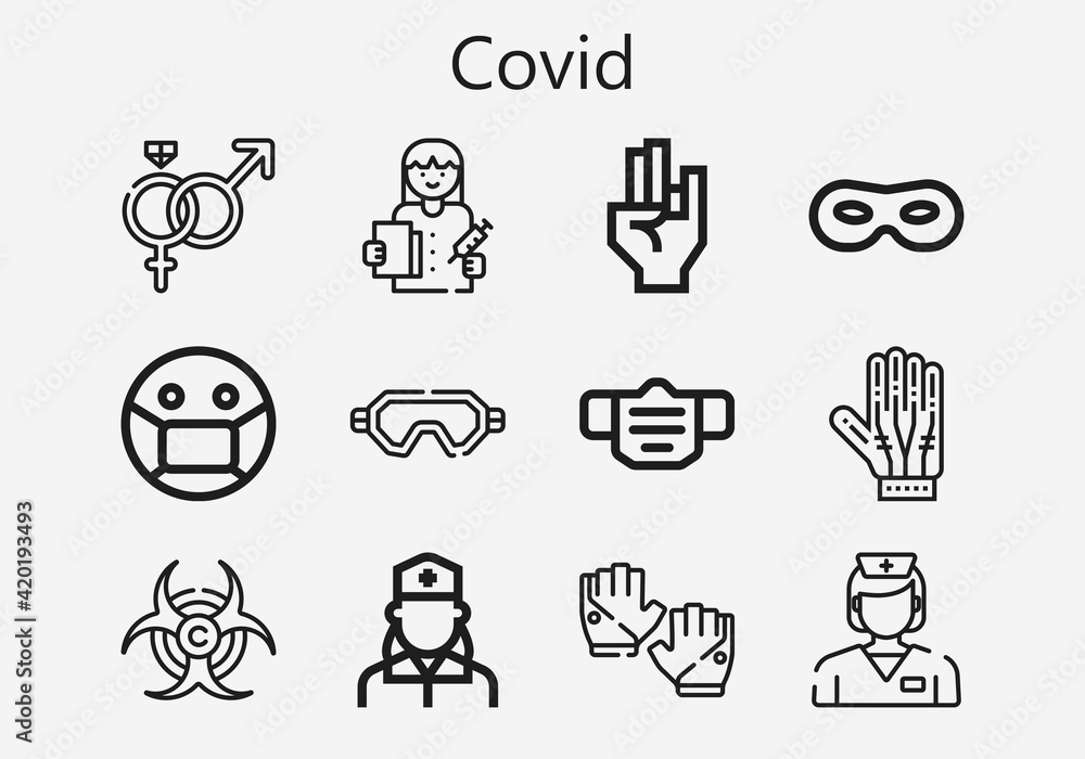 Fototapeta premium Premium set of covid [S] icons. Simple covid icon pack. Stroke vector illustration on a white background. Modern outline style icons collection of Biohazard, Gloves, Symbol, Mask, Doctor, Hand