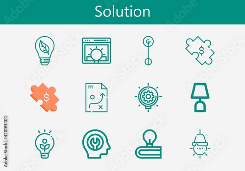 Premium set of solution line icons. Simple solution icon pack. Stroke vector illustration on a white background. Modern outline style icons collection of Puzzle, Idea, Bulb, Strategy, Lamp