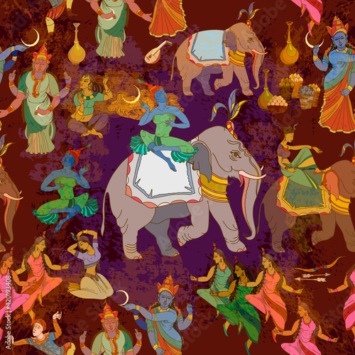 Old Asian culture. Mythology, tradition and history. Gods of India. Ramayana. Seamless pattern. Ancient frescoes. Religion. Hinduism. Traditional indian mural paintings background
