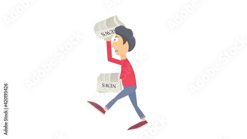 Paperboy. Newspaper delivery guy animation, alpha channel enabled. Cartoon photo