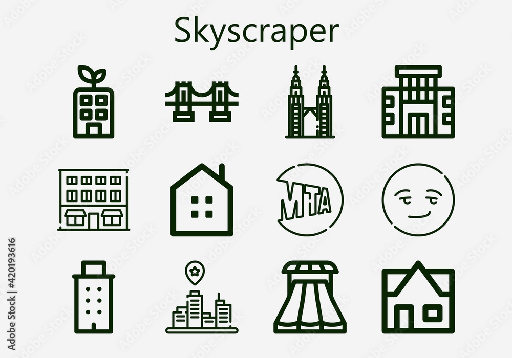 Premium set of skyscraper [S] icons. Simple skyscraper icon pack. Stroke vector illustration on a white background. Modern outline style icons collection of Building, Brooklyn bridge, New york