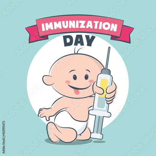 Immunization Day poster, baby child vaccination with injection illustration vector