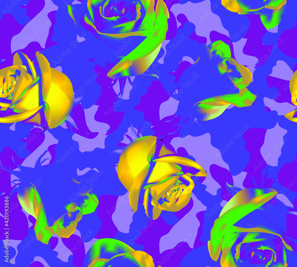Obraz premium Fashionable camouflage violet and pink pattern with yellow roses with green leaves