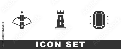 Set Battle crossbow with arrow, Castle tower and Diamond icon. Vector