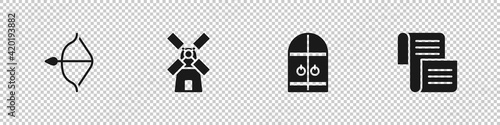 Set Medieval bow and arrow, Windmill, castle gate and Decree, parchment, scroll icon. Vector