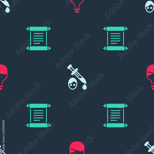 Set Old bottle of wine, Sword with blood and Decree, parchment, scroll on seamless pattern. Vector