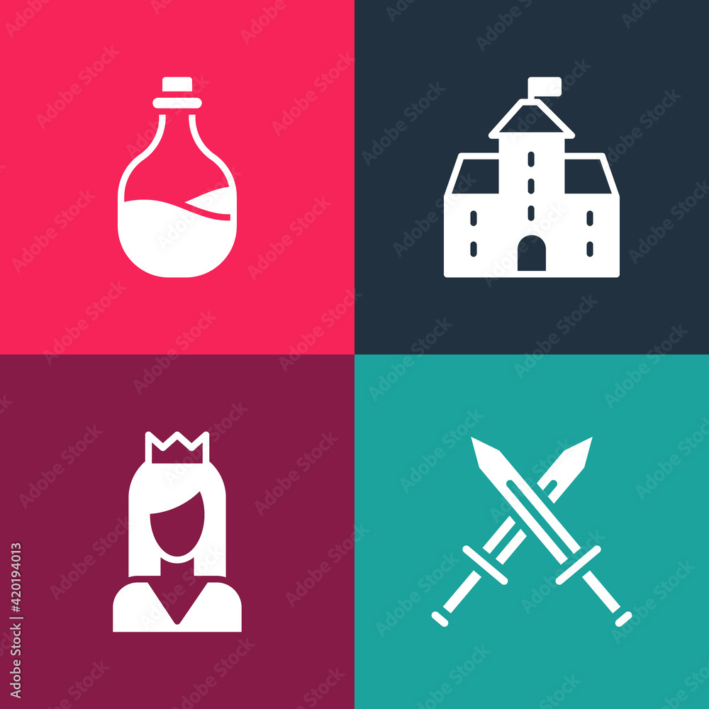 Set pop art Crossed medieval sword, Princess, Castle, fortress and Old bottle of wine icon. Vector