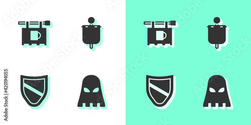 Set Executioner mask, Street signboard with Bar, Shield and Medieval flag icon. Vector