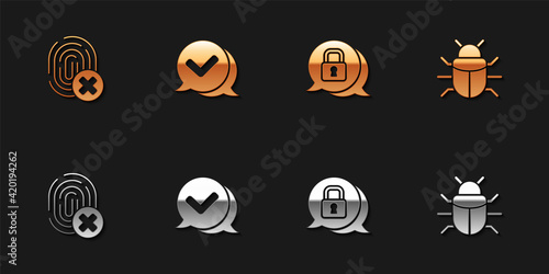 Set Cancelled fingerprint, Check mark speech bubble, Cyber security and System bug icon. Vector