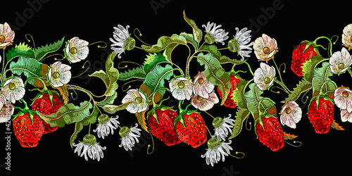 Strawberry plant with leaves, berries and white flowers. Fashion template for clothes, textiles and t-shirt design. Embroidery. Summer floral art. Horizontal seamless pattern