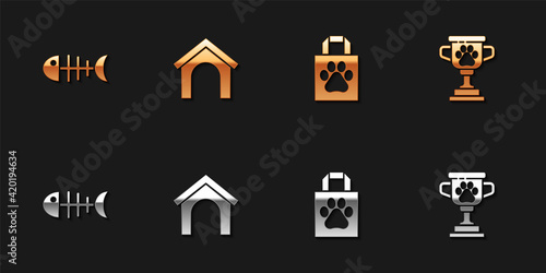 Set Fish skeleton, Dog house, Shopping bag pet and Pet award icon. Vector