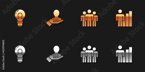 Set Head with lamp bulb, Hand for search people, Users group and Productive human icon. Vector