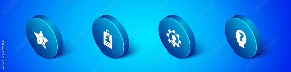 Set Isometric Head hunting, Human with gear, question mark and Identification badge icon. Vector Set Isometric Head hunting, Human with gear, question mark and Identification badge icon. Vector