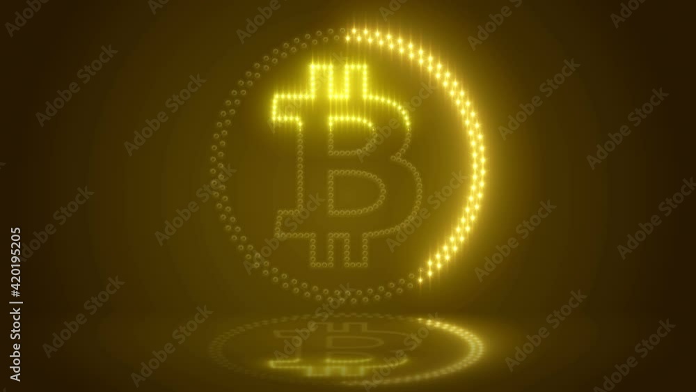 Video animation of bitcoin logo with yellow LEDs on dark reflective background - digital currency - cryptocurrency