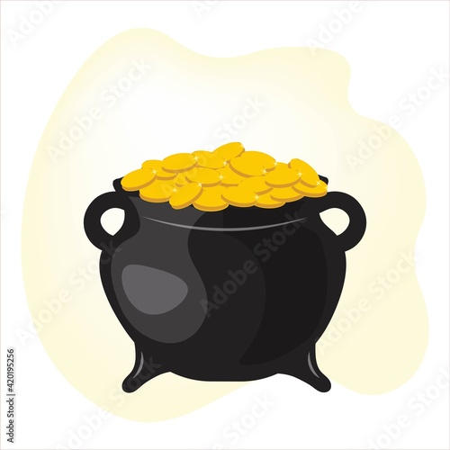 Cooking pot with gold coins. The precious wealth of the leprechaun. Legendary treasures for the lucky ones. St.Patrick 's Day. Holidays in Ireland