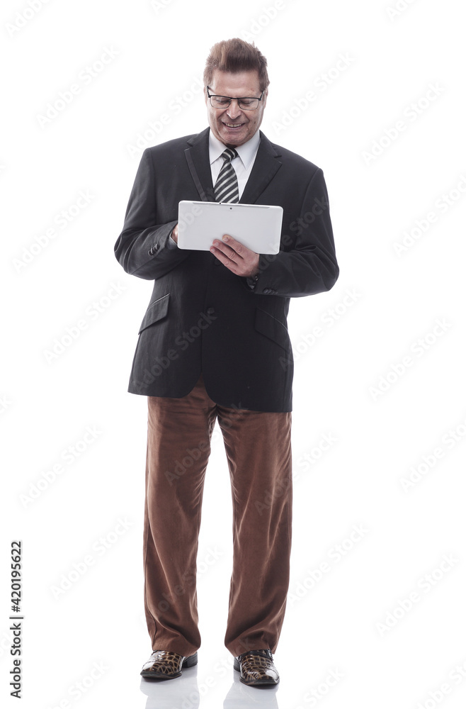 happy business man with a digital tablet . isolated on a white happy business man with a digital tablet . isolated on a white