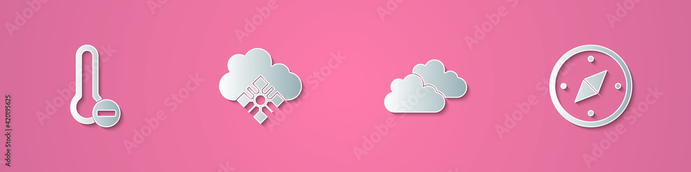 Set paper cut Meteorology thermometer, Cloud with snow, and Compass icon. Paper art style. Vector Set paper cut Meteorology thermometer, Cloud with snow, and Compass icon. Paper art style. Vector