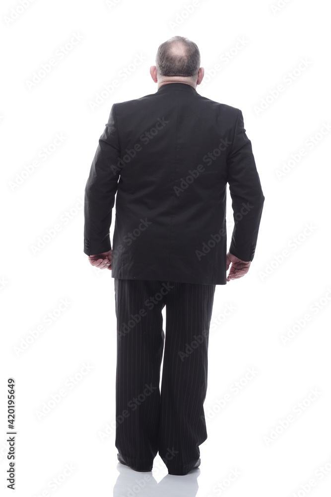 elderly businessman looking at a white blank screen . isolated on a white elderly businessman looking at a white blank screen . isolated on a white
