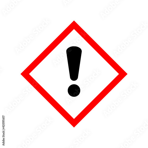 Irritant, sensitising, harmful substances sign. Illustration of red border square with exclamation mark inside. Caution icon vector design template isolated on white background. Attention. Danger zone