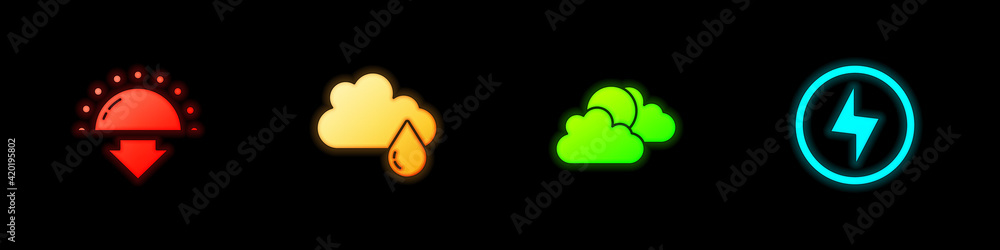 Set Sunset, Cloud with rain, and cloud weather and Lightning bolt icon. Vector Set Sunset, Cloud with rain, and cloud weather and Lightning bolt icon. Vector