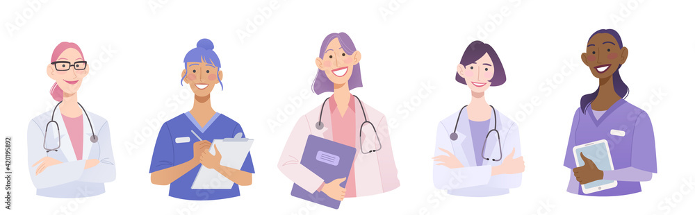 Medical group of doctor, nurse and intern. Female health care team characters avatar. Flat vector illustration Medical group of doctor, nurse and intern. Female health care team characters avatar. Flat vector illustration