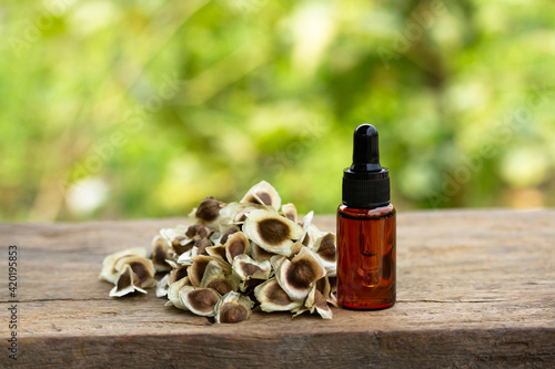 Oil of Moringa in bottle with seeds on wooden and blur background. Moringa oleifera tropical herb product concept.