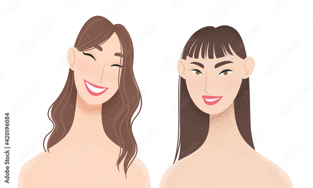 Portrait of two beautiful women. Girlfriends, couple, friends or sisters vector flat concept illustration. Portrait of two beautiful women. Girlfriends, couple, friends or sisters vector flat concept illustration.