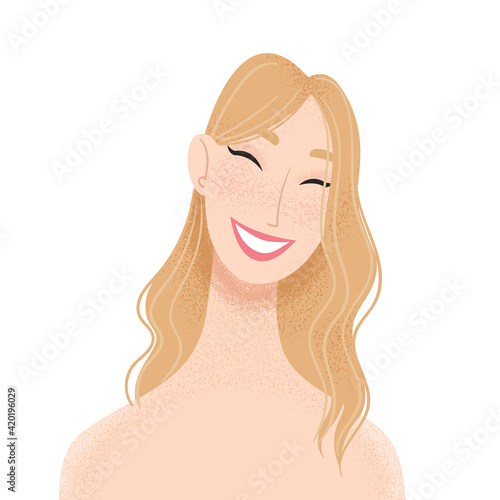 Happy girl portrait. Smiling young woman with blonde hair. Beautiful female avatar for social media. Vector illustration