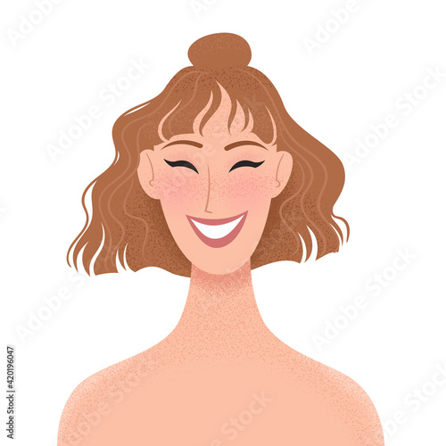 Smiling young woman portrait. Joyful girl with trendy hairstyle. Vector illustration