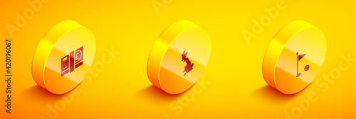 Set Isometric Pound sterling money, England map and Golf flag icon. Vector