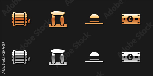 Set Wooden barrel, Stonehenge, Elegant women hat and Pound sterling money icon. Vector