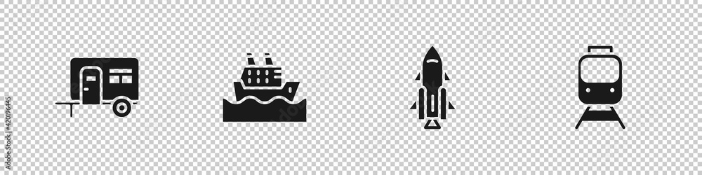 Obraz premium Set Rv Camping trailer, Cruise ship, Rocket with fire and Train and railway icon. Vector