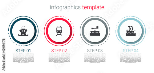 Set Cargo ship, Train and railway, Boat with oars and Sailboat. Business infographic template. Vector