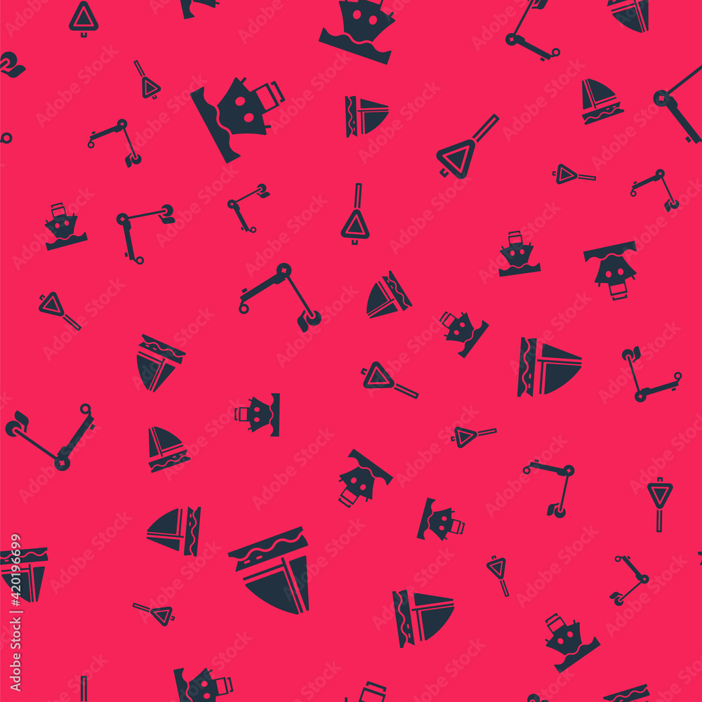 Set Yacht sailboat, Cargo ship, Scooter and Road traffic signpost on seamless pattern. Vector Set Yacht sailboat, Cargo ship, Scooter and Road traffic signpost on seamless pattern. Vector
