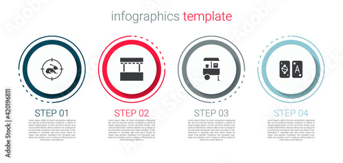 Set Hunt on rabbit with crosshairs, Ticket box office, Fast street food cart and Tarot cards. Business infographic template. Vector