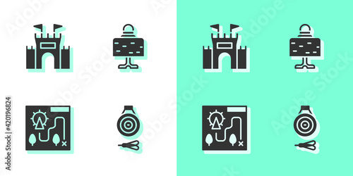 Set Classic dart board and arrow, Castle, Amusement park map and Magic ball on table icon. Vector