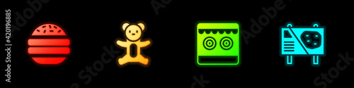 Set Burger, Teddy bear plush toy, Shooting gallery and Amusement park billboard icon. Vector
