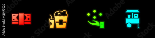 Set Stacks paper money cash, Popcorn in box and glass, Juggling ball and Fast street food cart icon. Vector