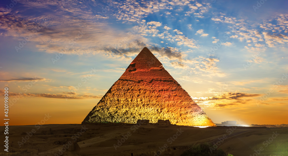 The Great Pyramid of Chephren at night in the lights, Egypt, Giza